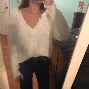 Ivory Distressed Vneck Sweater